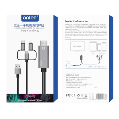 Onten OTN-7537A 3 in 1 1080P Mobile HD Screen Player Adapter Cable(Grey) - Wireless Display Dongle by Onten | Online Shopping UK | buy2fix