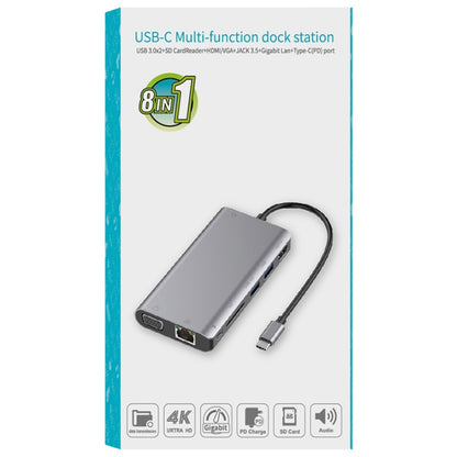 Onten 9591BD 8 in 1 USB-C / Type-C to PD USB-C / Type-C Charging + Gigabit Ethernet + Dual USB 3.0 + HDMI + VGA + SD Card Slot + 3.5mm AUX HUB(Grey) - USB HUB by Onten | Online Shopping UK | buy2fix