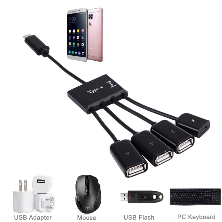 Portable 4 in 1 USB-C / Type-C to 3 Ports USB 2.0 OTG HUB Cable with Micro USB Power Supply - Computer & Networking by buy2fix | Online Shopping UK | buy2fix