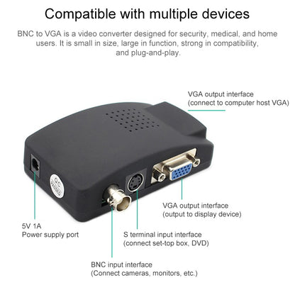 S-Video / BNC to VGA Signal Converter(Black) - Security by buy2fix | Online Shopping UK | buy2fix