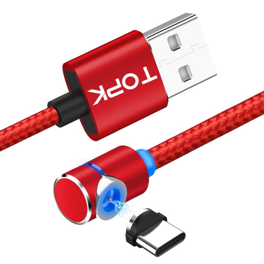 TOPK 2m 2.4A Max USB to USB-C / Type-C 90 Degree Elbow Magnetic Charging Cable with LED Indicator(Red) - Mobile Accessories by TOPK | Online Shopping UK | buy2fix