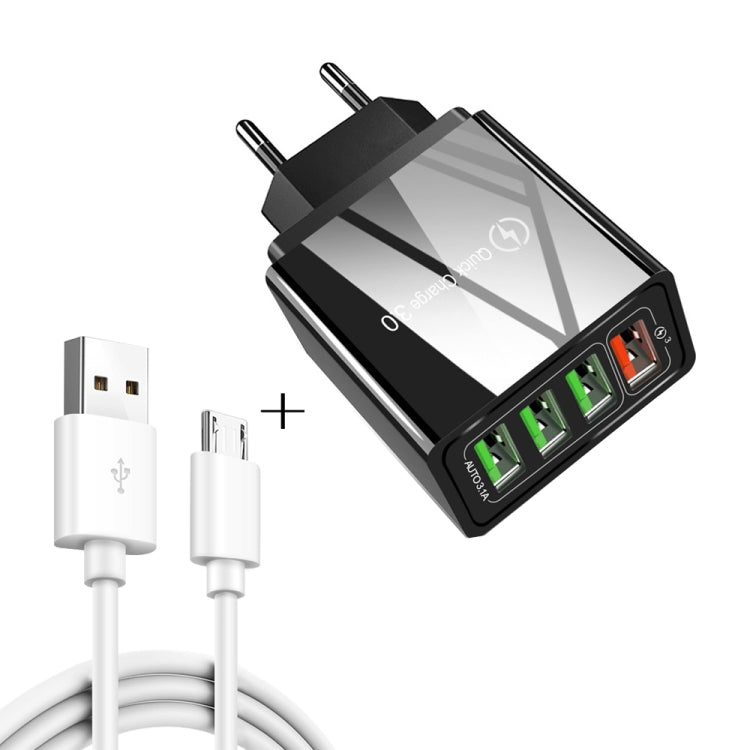 2 in 1 1m USB to Micro USB Data Cable + 30W QC 3.0 4 USB Interfaces Mobile Phone Tablet PC Universal Quick Charger Travel Charger Set, EU Plug(Black) - Mobile Accessories by buy2fix | Online Shopping UK | buy2fix
