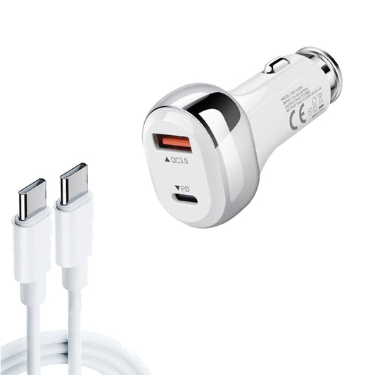 YSY-312PD QC3.0 18W USB + PD 20W USB-C / Type-C Car Charger with Type-C to Type-C Data Cable(White) - In Car by buy2fix | Online Shopping UK | buy2fix