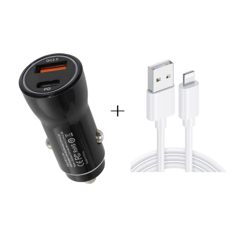 P21 PD 20W USB-C / Type-C + QC3.0 18W USB Fast Car Charger with USB to 8 Pin Data Cable Set(Black) - In Car by buy2fix | Online Shopping UK | buy2fix