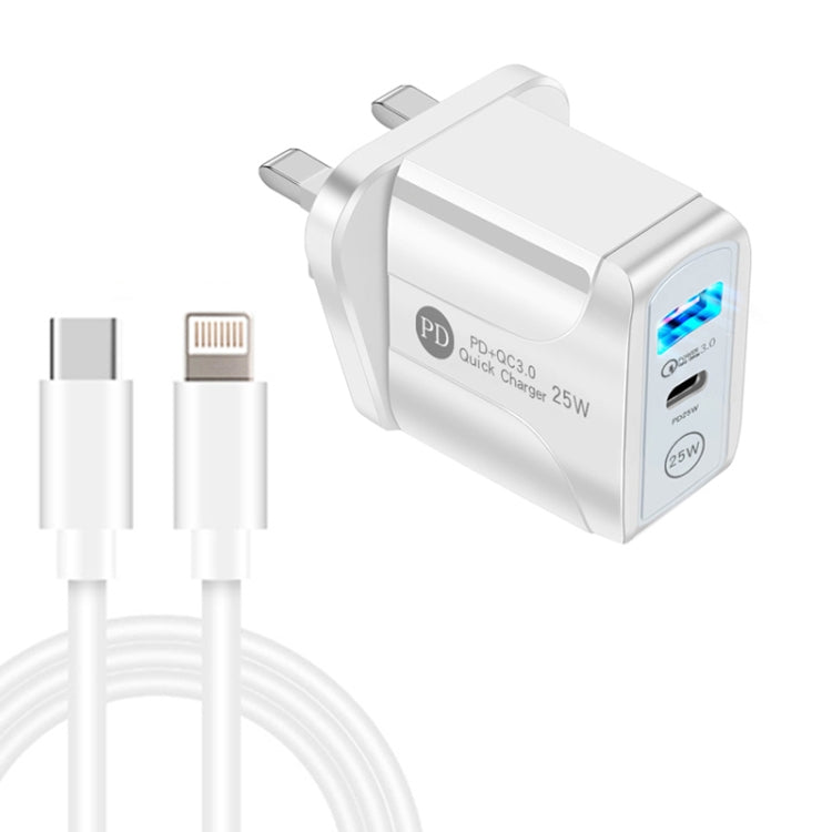 PD25W USB-C / Type-C + QC3.0 USB Dual Ports Fast Charger with USB-C to 8 Pin Data Cable, UK Plug(White) - Apple Accessories by buy2fix | Online Shopping UK | buy2fix