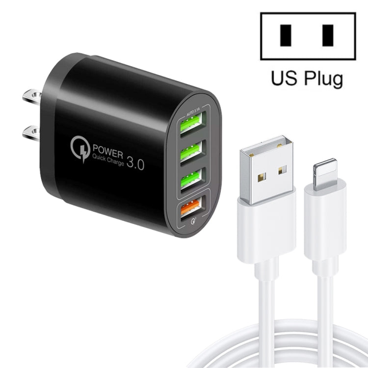 QC-04 QC3.0 + 3 x USB2.0 Multi-ports Charger with 3A USB to 8 Pin Data Cable,US Plug(Black) - USB Charger by buy2fix | Online Shopping UK | buy2fix