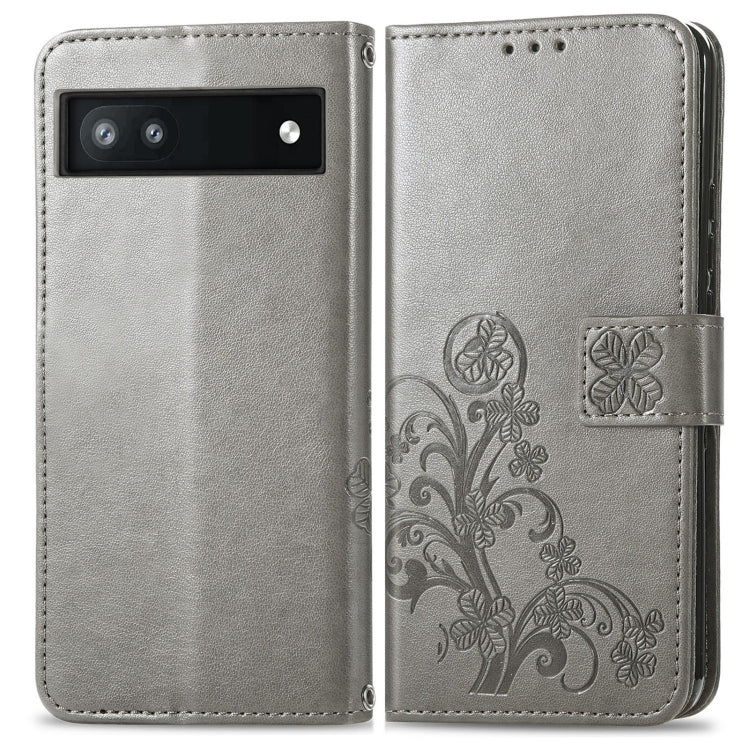 For Google Pixel 6a Four-leaf Clasp Embossed Buckle Leather Phone Case(Gray) - Google Cases by buy2fix | Online Shopping UK | buy2fix
