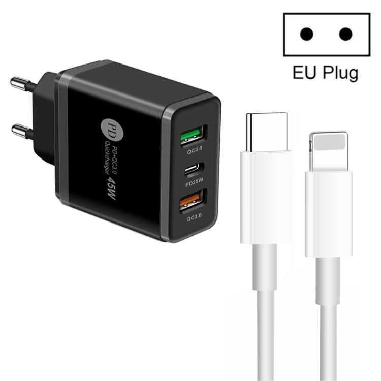 45W PD3.0 + 2 x QC3.0 USB Multi Port Charger with Type-C to 8 Pin Cable, EU Plug(Black) - Apple Accessories by buy2fix | Online Shopping UK | buy2fix