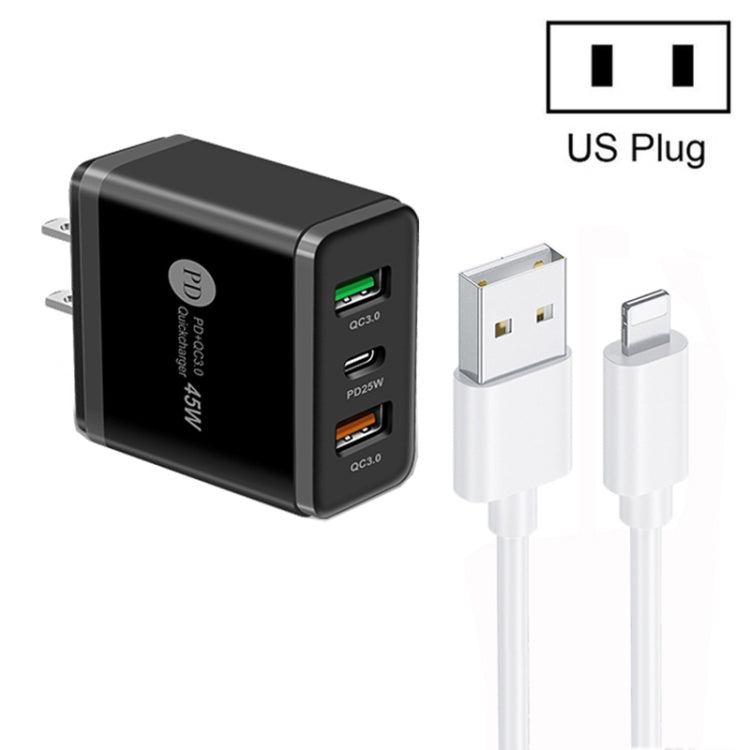 45W PD25W + 2 x QC3.0 USB Multi Port Charger with USB to 8 Pin Cable, US Plug(Black) - USB Charger by buy2fix | Online Shopping UK | buy2fix