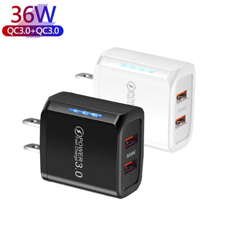 36W Dual Port QC3.0 USB Mobile Phone Charger Dual 18W Output, US Plug(Black) - Apple Accessories by buy2fix | Online Shopping UK | buy2fix