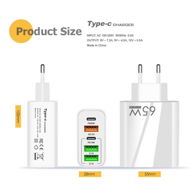 65W Dual PD Type-C + 3 x USB Multi Port Charger with 3A USB to Micro USB Data Cable, EU Plug(White) - Mobile Accessories by buy2fix | Online Shopping UK | buy2fix