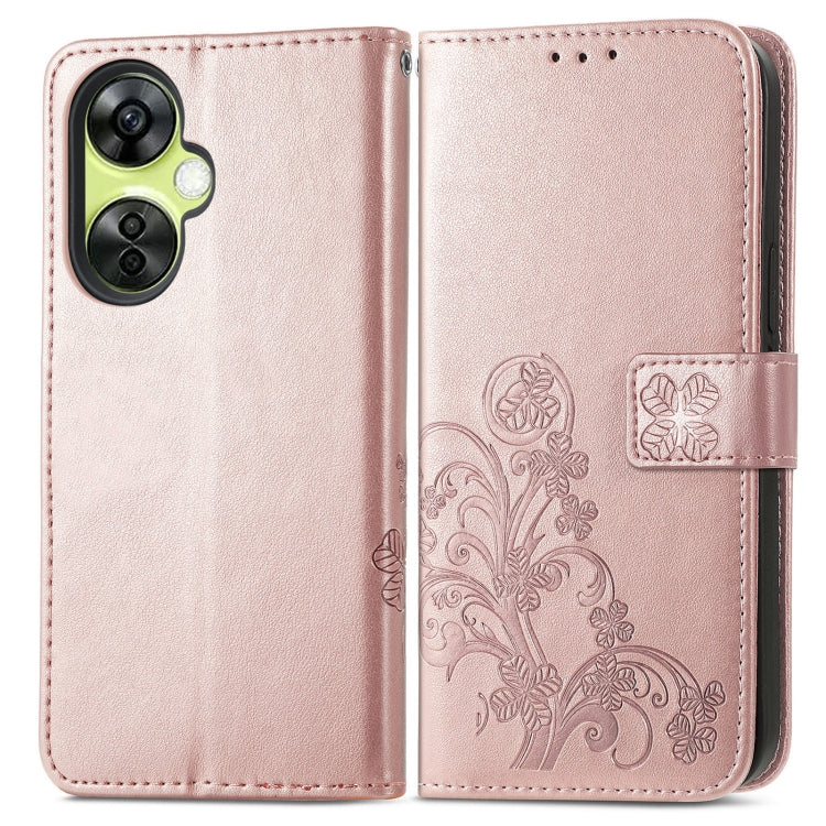 For OnePlus Nord CE 3 Lite Four-leaf Clasp Embossed Buckle Leather Phone Case(Rose Gold) - OnePlus Cases by buy2fix | Online Shopping UK | buy2fix