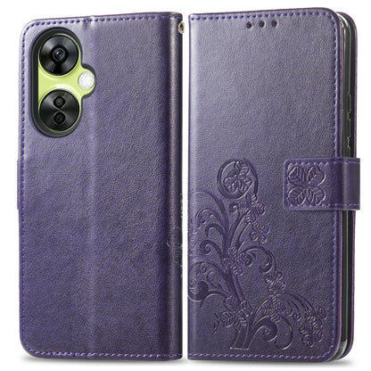 For OnePlus Nord CE 3 Lite Four-leaf Clasp Embossed Buckle Leather Phone Case(Purple) - OnePlus Cases by buy2fix | Online Shopping UK | buy2fix