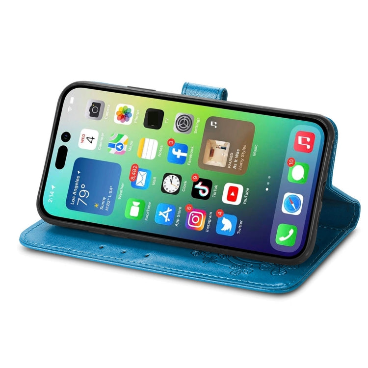 For iPhone 15 Pro Four-leaf Clasp Embossed Buckle Leather Phone Case(Blue) - iPhone 15 Pro Cases by buy2fix | Online Shopping UK | buy2fix