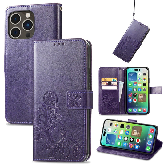 For iPhone 15 Pro Four-leaf Clasp Embossed Buckle Leather Phone Case(Purple) - iPhone 15 Pro Cases by buy2fix | Online Shopping UK | buy2fix