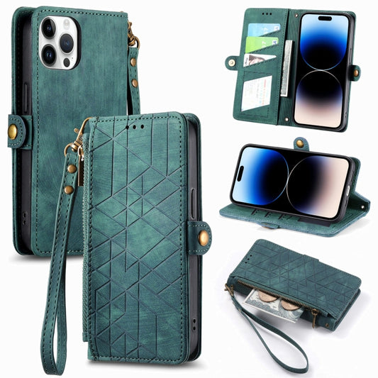 For iPhone 14 Pro Geometric Zipper Wallet Side Buckle Leather Phone Case(Green) - iPhone 14 Pro Cases by buy2fix | Online Shopping UK | buy2fix