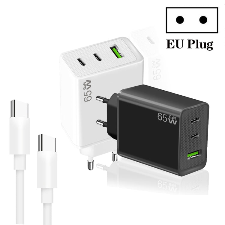 GaN PD65W Type-C x 2 + USB3.0 Charger with Type-C to Type-C Data Cable ,EU Plug(White) - USB Charger by buy2fix | Online Shopping UK | buy2fix