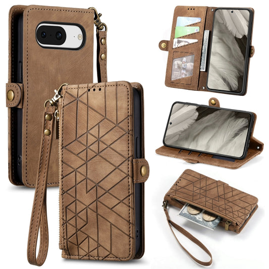 For Google Pixel 8 Pro Geometric Zipper Wallet Side Buckle Leather Phone Case(Brown) - Google Cases by buy2fix | Online Shopping UK | buy2fix