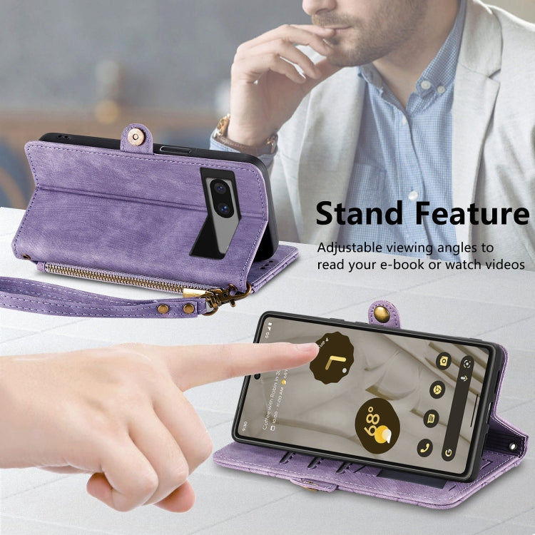 For Google Pixel 7 Geometric Zipper Wallet Side Buckle Leather Phone Case(Purple) - Google Cases by buy2fix | Online Shopping UK | buy2fix