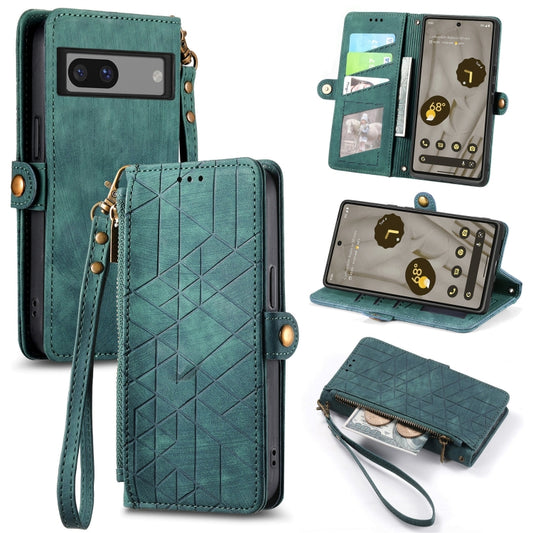 For Google Pixel 7 Pro Geometric Zipper Wallet Side Buckle Leather Phone Case(Green) - Google Cases by buy2fix | Online Shopping UK | buy2fix