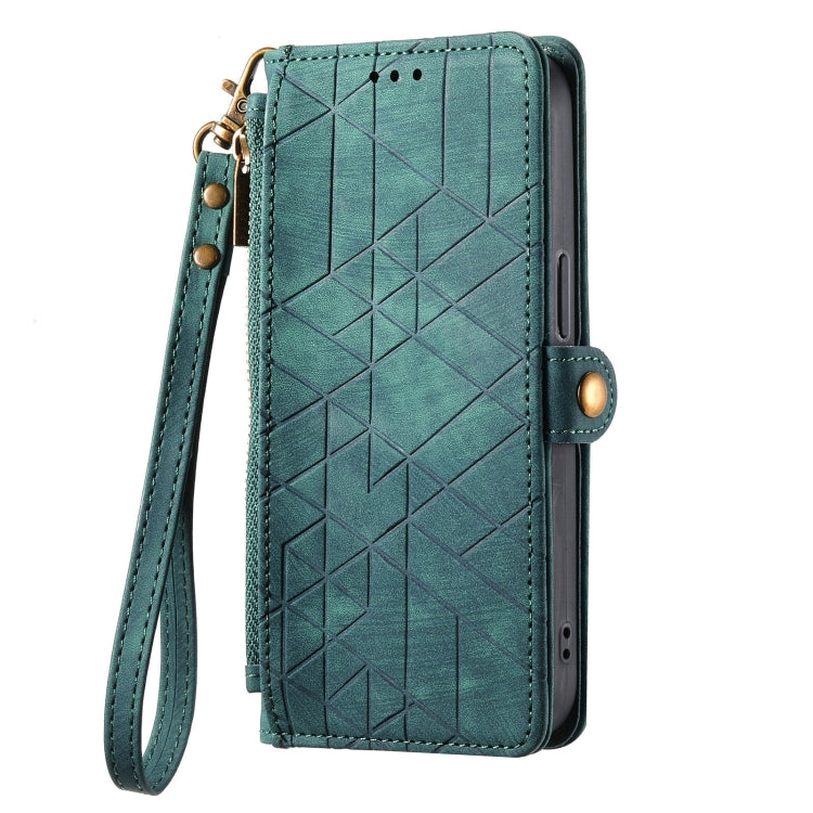 For Google Pixel 7 Pro Geometric Zipper Wallet Side Buckle Leather Phone Case(Green) - Google Cases by buy2fix | Online Shopping UK | buy2fix