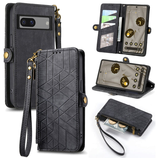 For Google Pixel 7A Geometric Zipper Wallet Side Buckle Leather Phone Case(Black) - Google Cases by buy2fix | Online Shopping UK | buy2fix