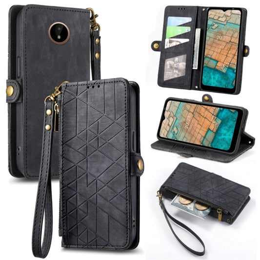 For Nokia C20 Geometric Zipper Wallet Side Buckle Leather Phone Case(Black) - Nokia Cases by buy2fix | Online Shopping UK | buy2fix