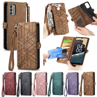 For Nokia G22 Geometric Zipper Wallet Side Buckle Leather Phone Case(Brown) - Nokia Cases by buy2fix | Online Shopping UK | buy2fix