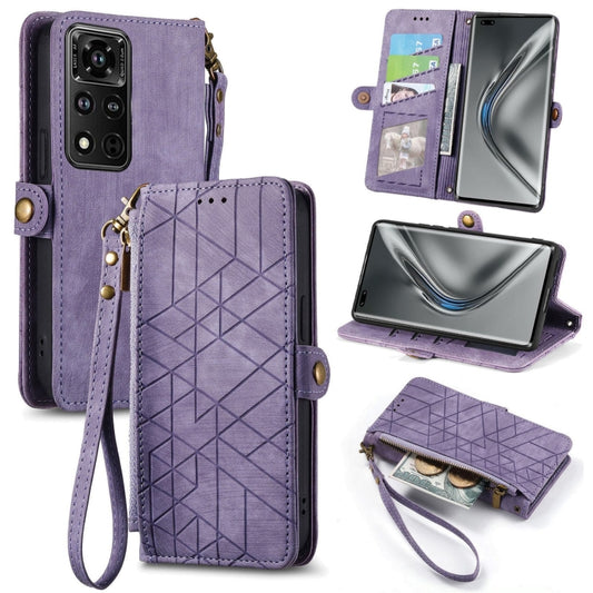 For Honor V40 Geometric Zipper Wallet Side Buckle Leather Phone Case(Purple) - Honor Cases by buy2fix | Online Shopping UK | buy2fix