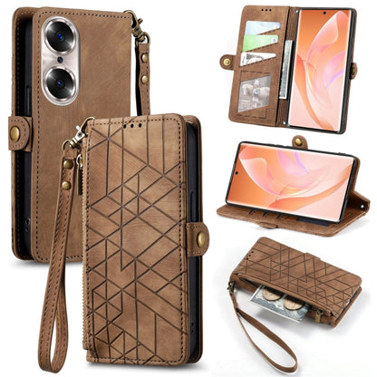 For Honor 60 Geometric Zipper Wallet Side Buckle Leather Phone Case(Brown) - Honor Cases by buy2fix | Online Shopping UK | buy2fix