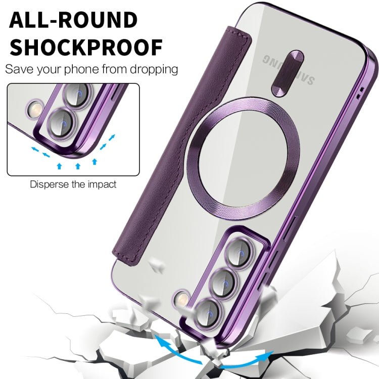 For Samsung Galaxy S22 5G Shield Magsafe RFID Anti-theft Rhombus Leather Phone Case(Purple) - Galaxy S22 5G Cases by buy2fix | Online Shopping UK | buy2fix