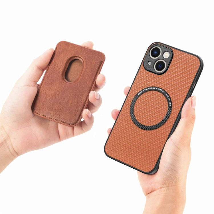 For iPhone 15 Plus Carbon Fiber Leather Card Magsafe Phone Case(Brown) - iPhone 15 Plus Cases by buy2fix | Online Shopping UK | buy2fix