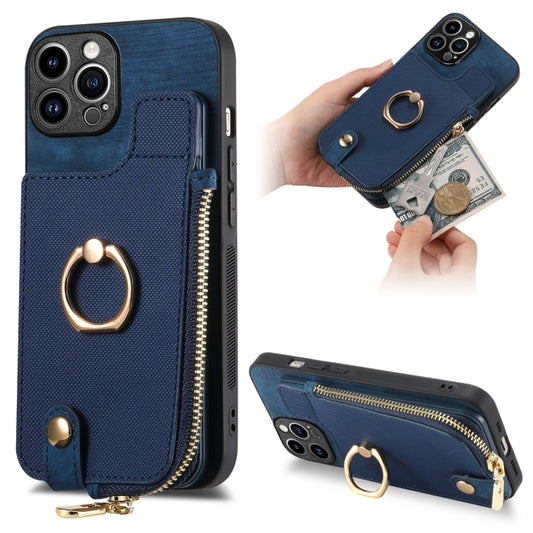 For iPhone 15 Pro Max Cross Leather Ring Vertical Zipper Wallet Back Phone Case(Blue) - iPhone 15 Pro Max Cases by buy2fix | Online Shopping UK | buy2fix