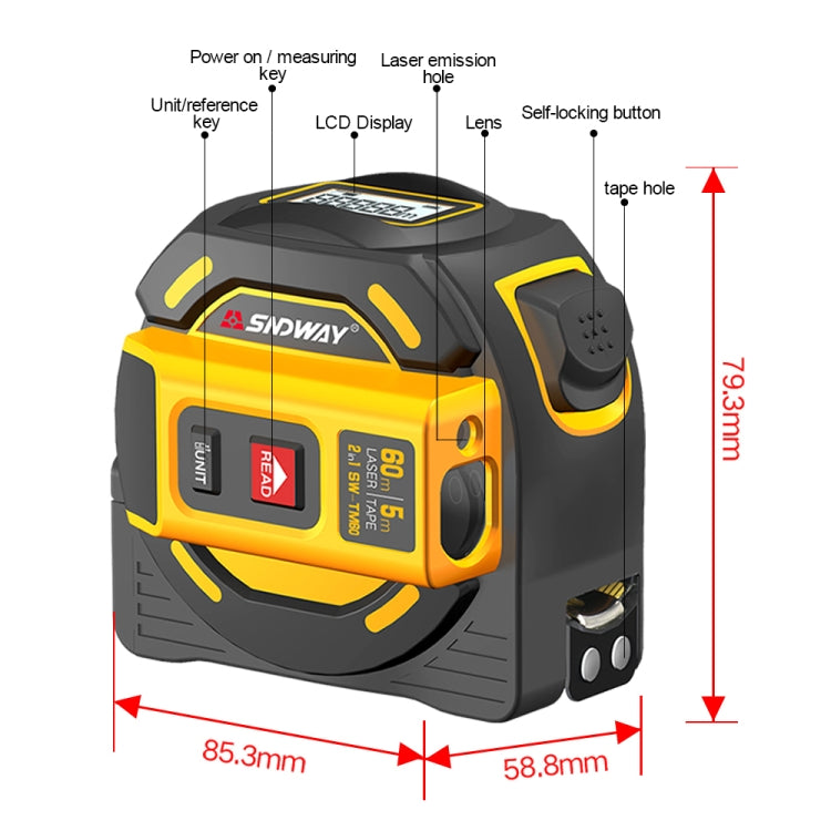 SNDWAY SW-TM60 60m Digital Rangefinder Laser Distance Meter Tape Multi-function Self-Locking Hand Tool Device - Consumer Electronics by SNDWAY | Online Shopping UK | buy2fix