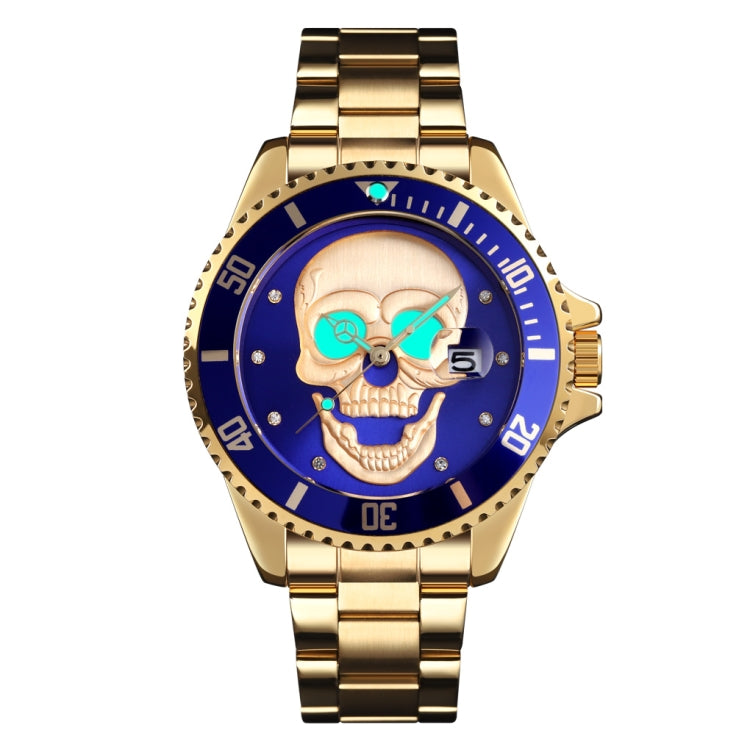 SKMEI 9195 Fashion Water-inlaid Drill Skull Nightlight Waterproof Quartz Watch Steel Strip Watch for Men(Golden Blue) - Other Watches by SKMEI | Online Shopping UK | buy2fix