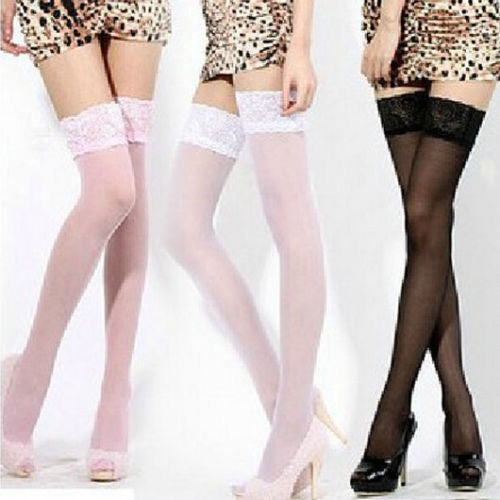 3 Pairs Sexy Womens Thin Sheer Lace Stocking Top Stay Up Thigh High Hold-ups Stockings Pantyhose(Pink) - Outdoor & Sports by buy2fix | Online Shopping UK | buy2fix