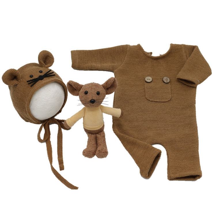 Newborn Photography Clothing Baby Knitted Jumpsuit + Hat + Mouse Doll Three-Piece Set(Brown) - Camera Accessories by buy2fix | Online Shopping UK | buy2fix