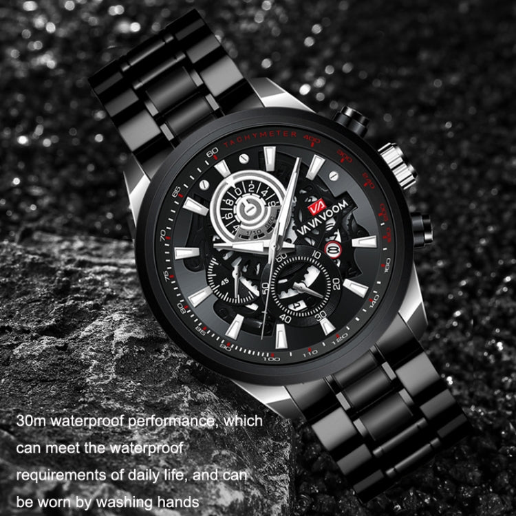 VAVA VOOM 2311G-JH1 Black Gold Shell Steel Belt Men Waterproof Sports Luminous Calendar Casual Quartz Hollow Watch - Sport Watches by VAVA VOOM | Online Shopping UK | buy2fix