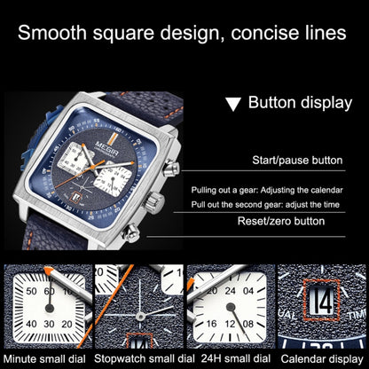 MEGIR 2182 Men Business Chronograph Calendar Waterproof Luminous Watch Square Quartz Watch(Black Face Black Belt) - Leather Strap Watches by MEGIR | Online Shopping UK | buy2fix
