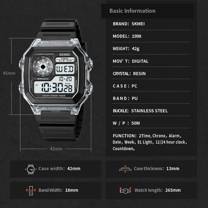 SKMEI 1998 Transparent Shell Ice Sensor Outdoor Sports Waterproof Multi-function Watch(Black) - Sport Watches by SKMEI | Online Shopping UK | buy2fix