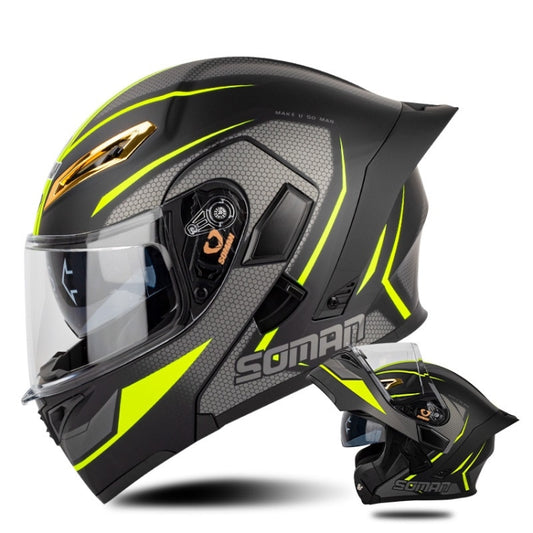 SOMAN Motorcycle Dual Lens Riding Peel-Off Full Coverage Helmet, Size: L(Black Yellow Track) - Helmets by SOMAN | Online Shopping UK | buy2fix