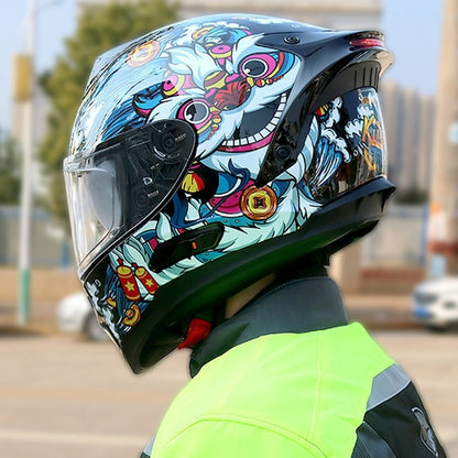 KUQIBAO Motorcycle Dual Lens Anti-Fog Helmet With LED Light, Size: L(Bright Black Wake Lion) - Helmets by KUQIBAO | Online Shopping UK | buy2fix