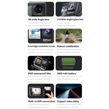 5K/30FPS WIFI HD Anti-Shake Remote Touch Dual-Screen IP68 Waterproof Sports Camera, Style: Camera + 64G Card - Other Camera by buy2fix | Online Shopping UK | buy2fix
