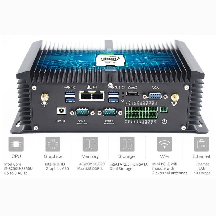 HYSTOU P12-I5-8250U Fanless Mini PC Intel Core i5-8250U Processor Quad Core up to 1.6GHz, RAM: 16G, ROM: 256G, Support Win 7 / 8 / 10 / Linux(Black) - Barebone Mini PCs by HYSTOU | Online Shopping UK | buy2fix